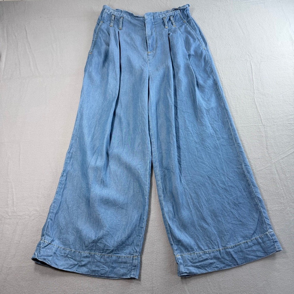 Chambray Wide Leg Jeans Womens 2 Blue Pleated Paperbag Waist Trousers Boho Chic - Picture 2 of 12